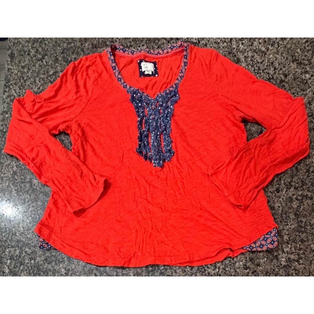Anthropologie Postmark Orange Slub Knit Crochet Fringe Top Long Sleeve Large